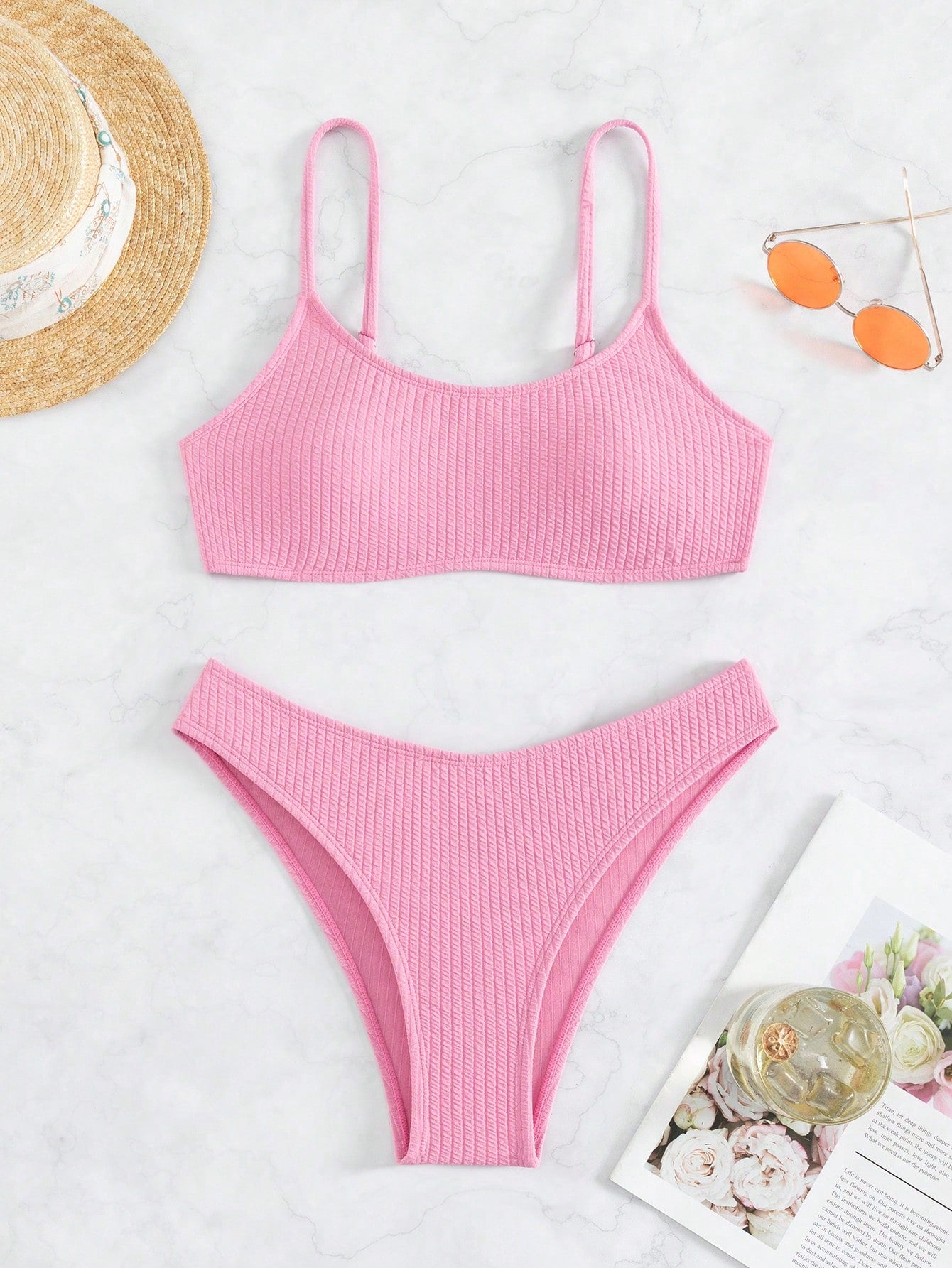 Summer Beach Plain Ribbed Knit Bikini Set