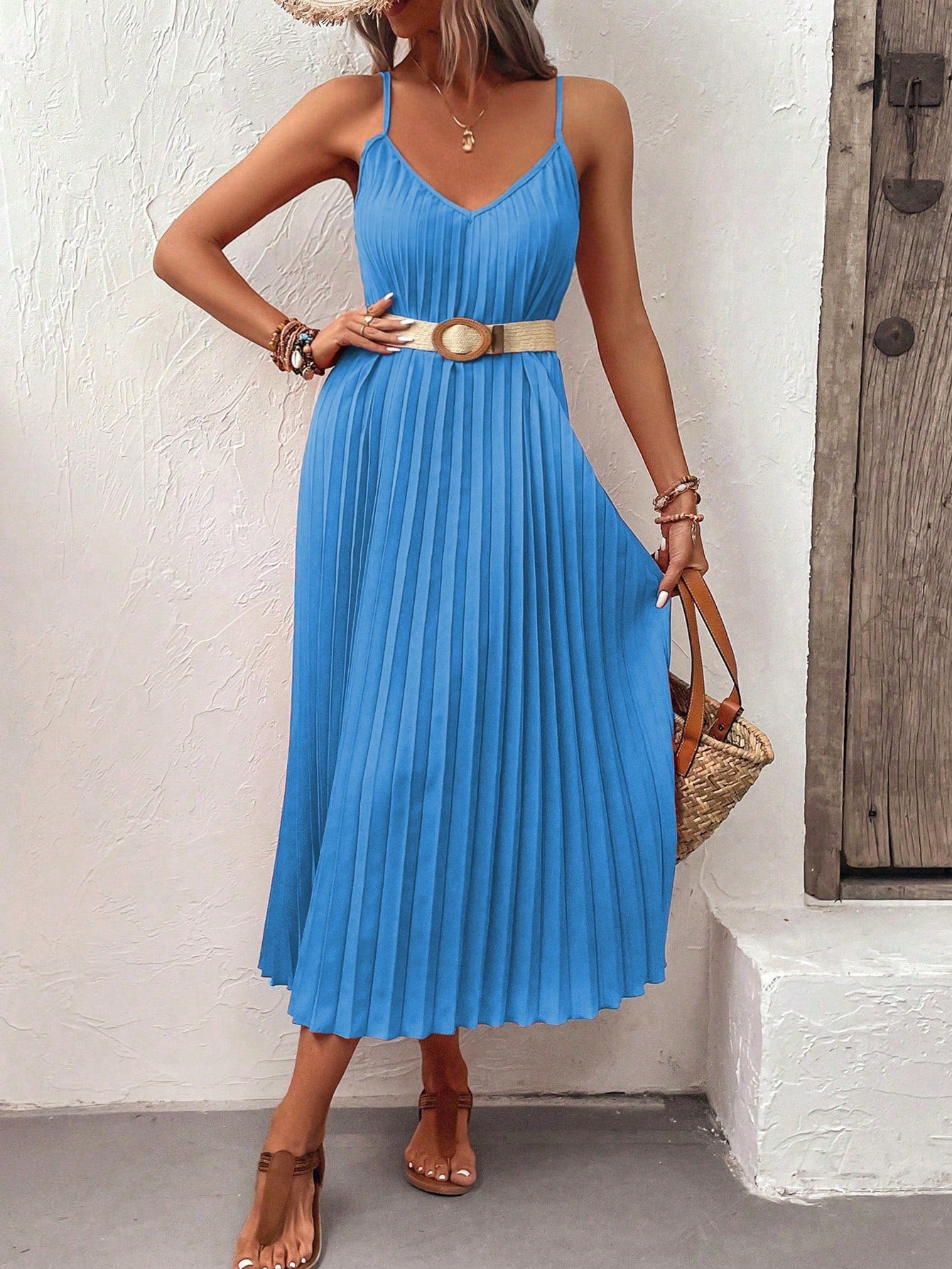 Solid Pleated Hem Cami Dress Without Belt