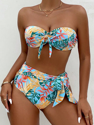 Tropical Print Knot Front Bandeau Bikini Set,Summer Beach