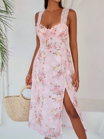 Floral Print Tie Front Split Thigh Cami Dress