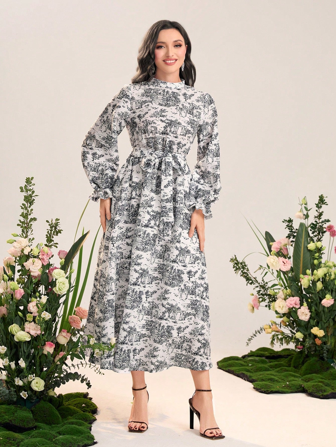 Landscape Print Flounce Sleeve Belted Dress