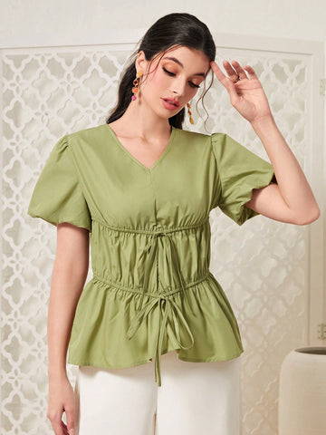 Solid Drawstring Waist Ruffle Hem Blouse