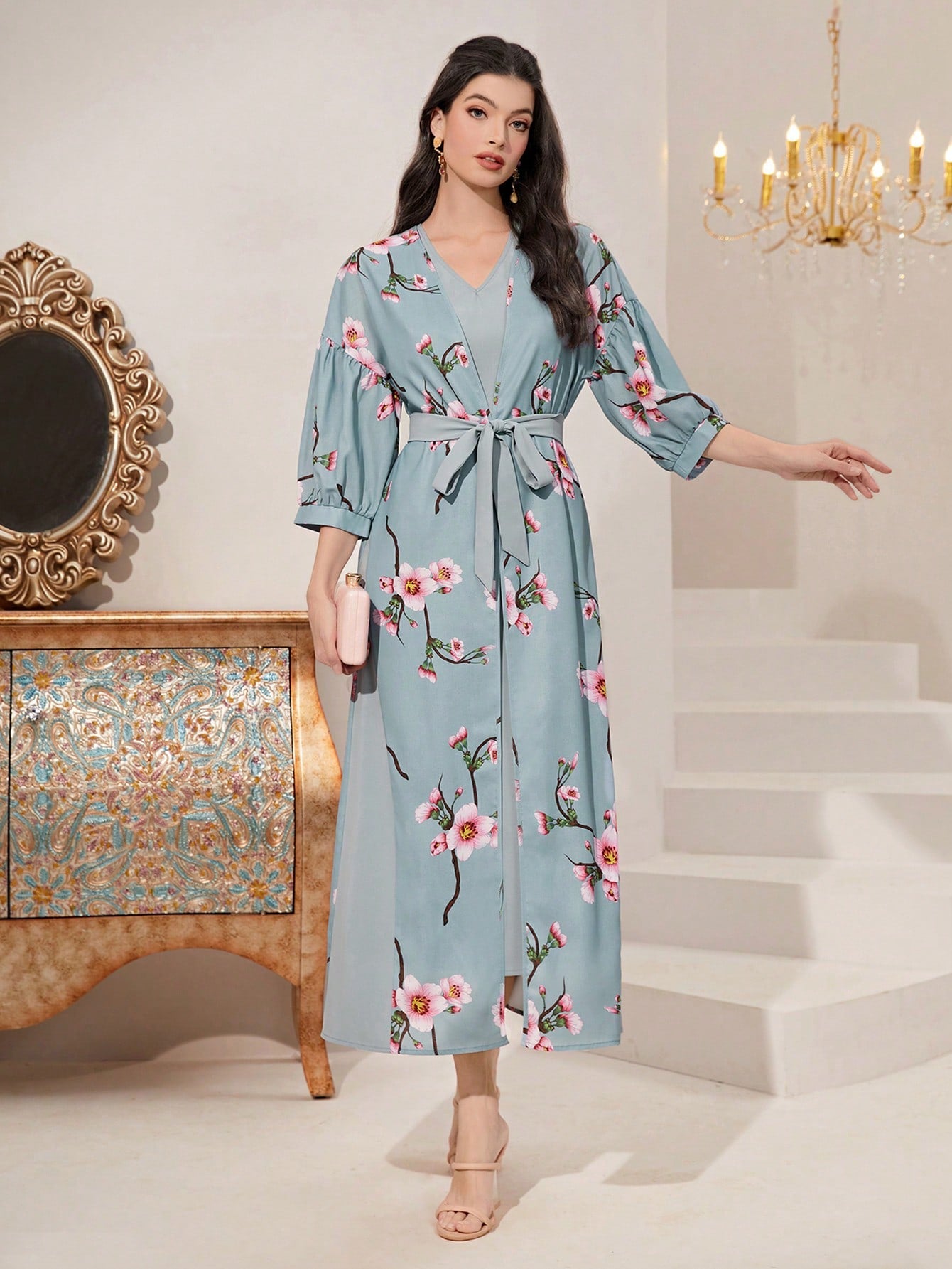 Floral Print Belted Abaya Set