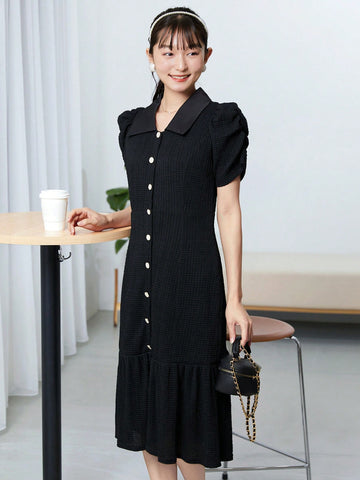 Puff Sleeve Button Through Ruffle Hem Dress