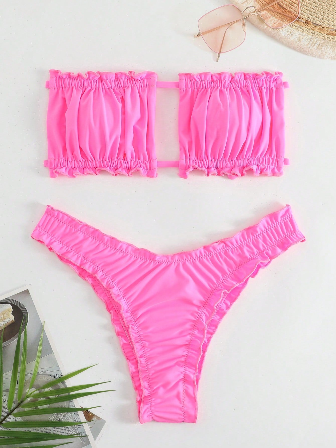 Summer Beach Frill Trim Bandeau Bikini Set