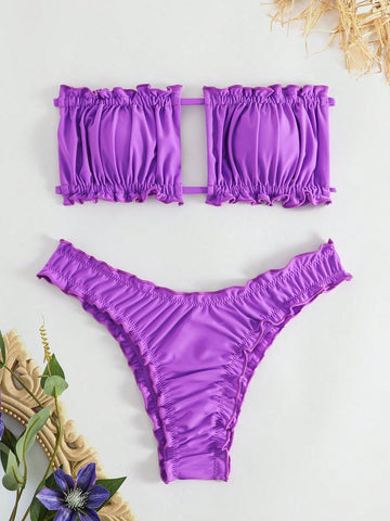 Summer Beach Frill Trim Bandeau Bikini Set