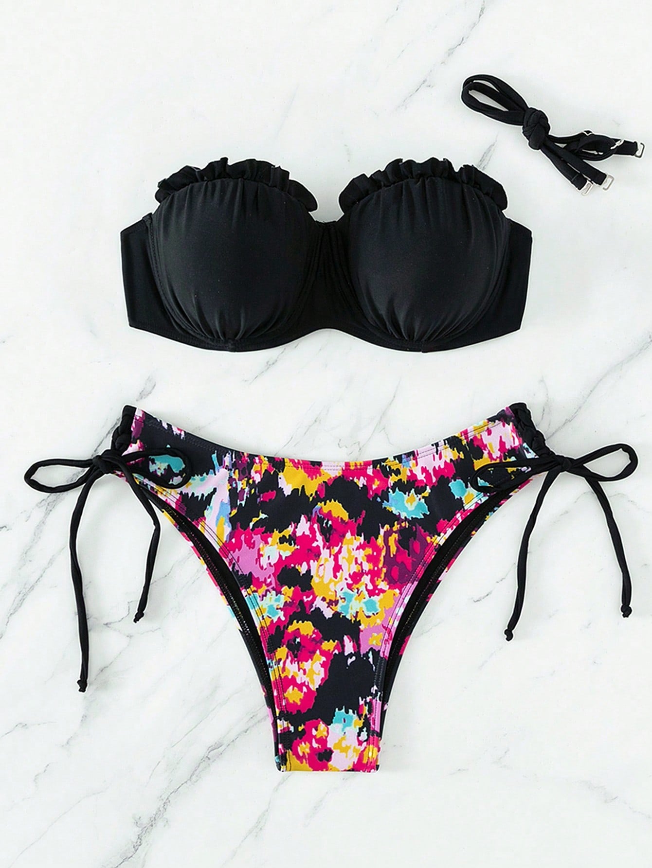 Summer Beach Graphic Print Frill Trim Push Up Bikini Set