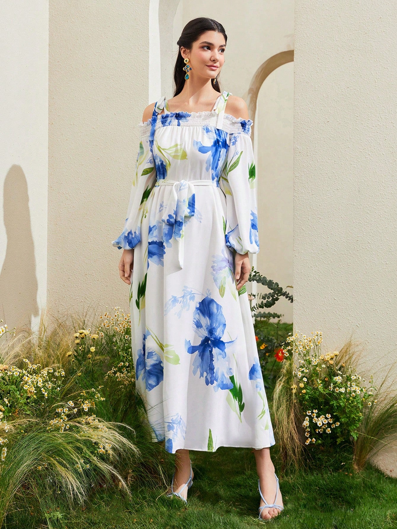 Floral Print Cold Shoulder Lantern Sleeve Chiffon Dress