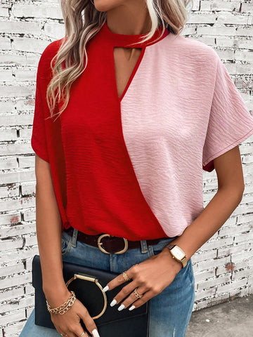 Two Tone Keyhole Neck Batwing Sleeve Blouse