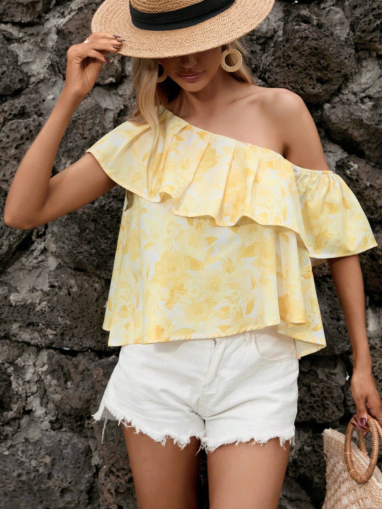 Floral Print Asymmetrical Neck Ruffle Trim Blouse