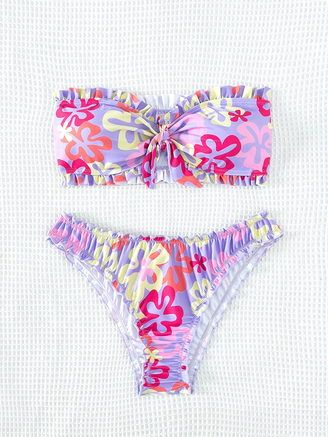Summer Beach Floral Print Frill Trim Knot Front Bandeau Bikini Set