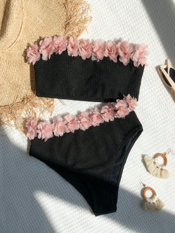 Summer Beach Appliques Bandeau Bikini Set