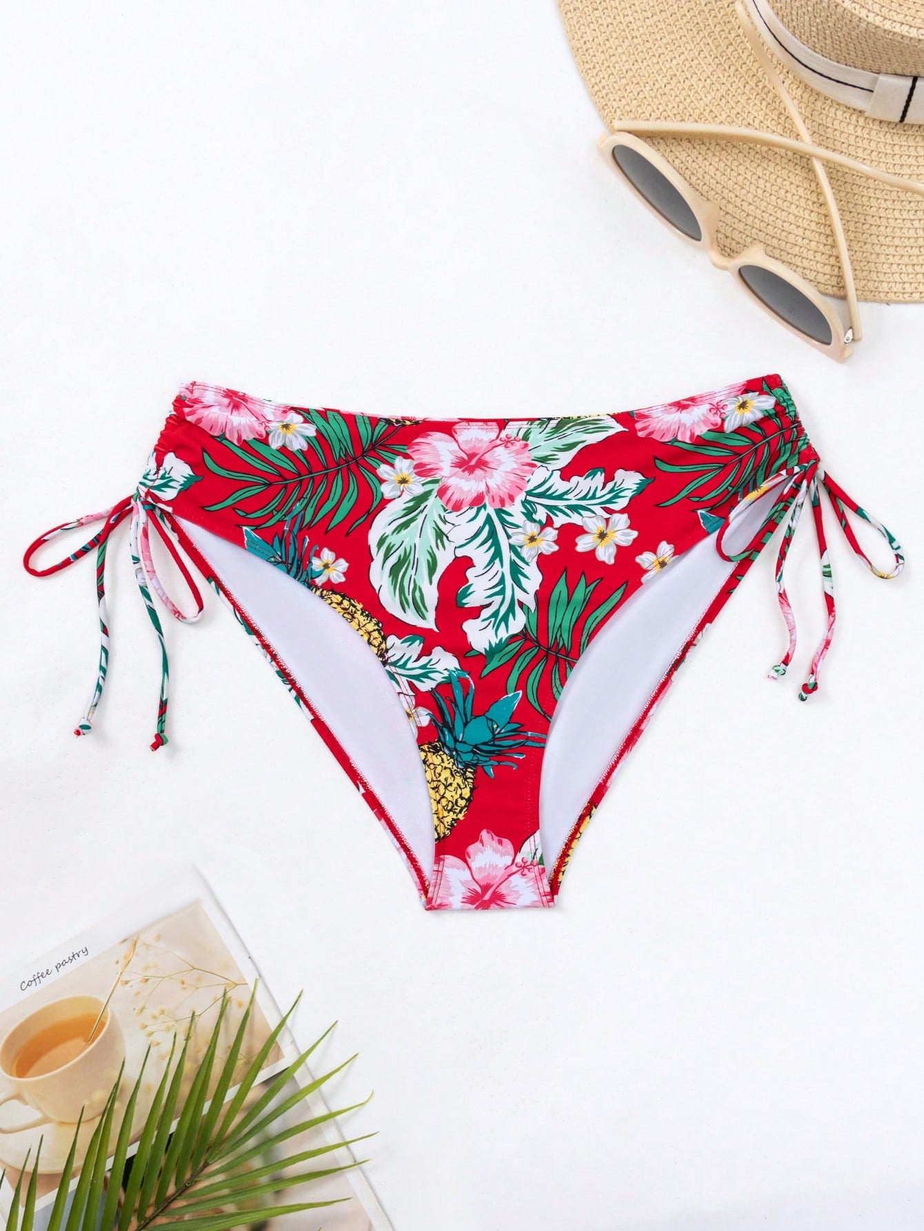 Plus Tropical Print Drawstring Side Bikini Bottom