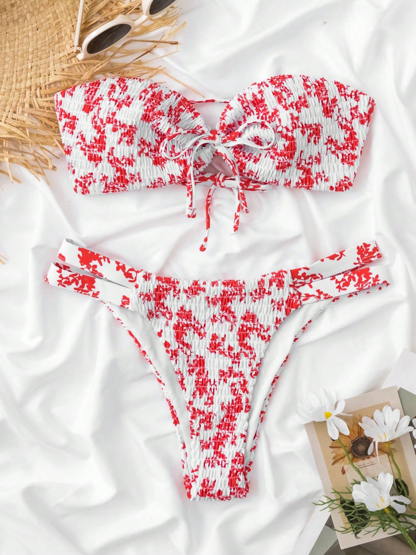 Floral Print Smocked Bandeau Bikini Set For Summer Beach