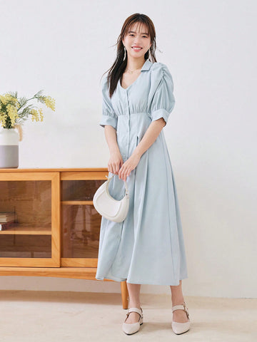 Solid Puff Sleeve Shirt Dress