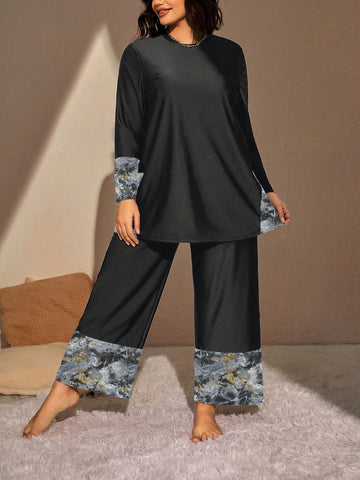 Summer Beach Plus Marble Print Burkini Swimsuit