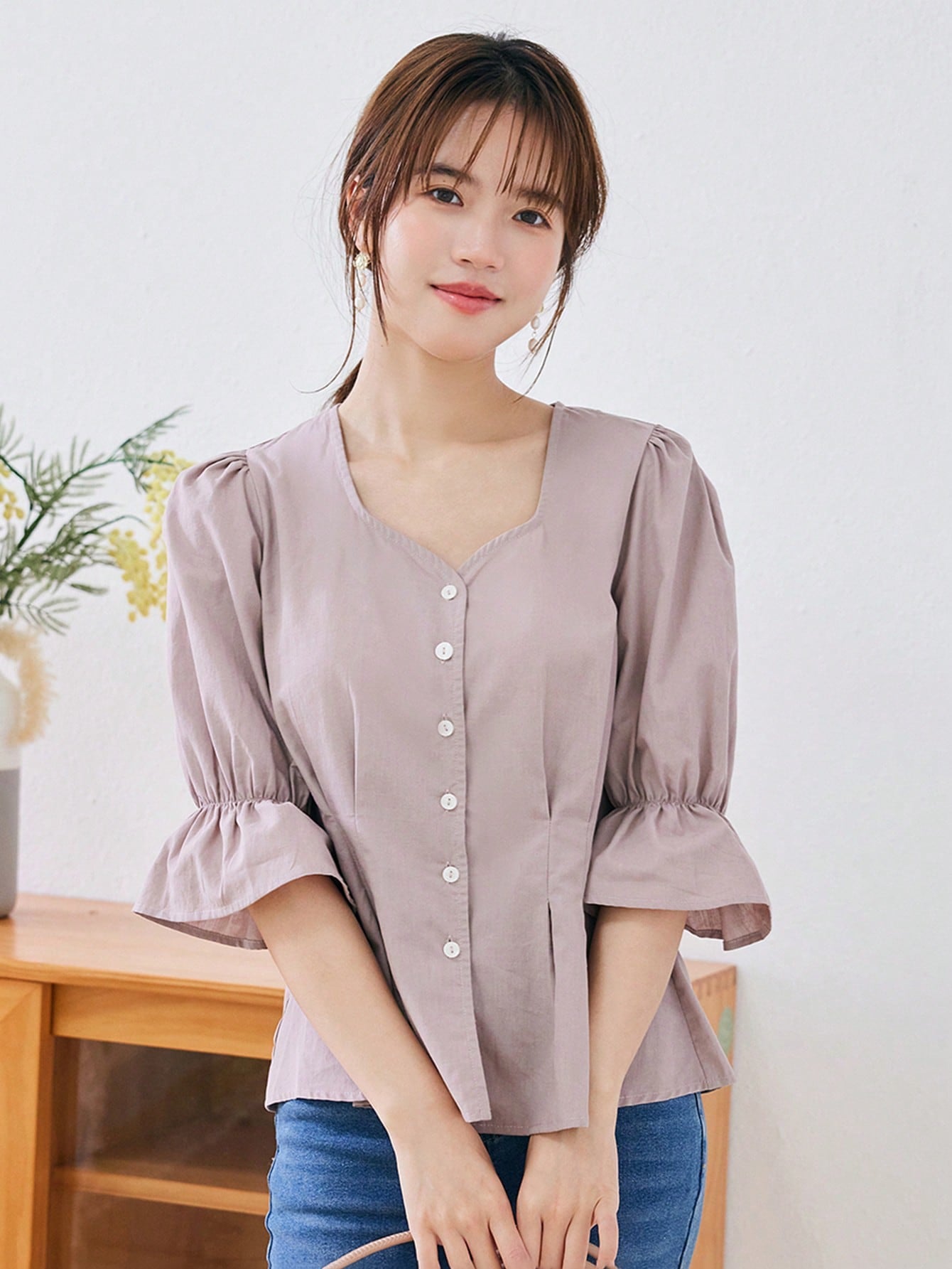 Solid Button Front Flare Sleeve Blouse