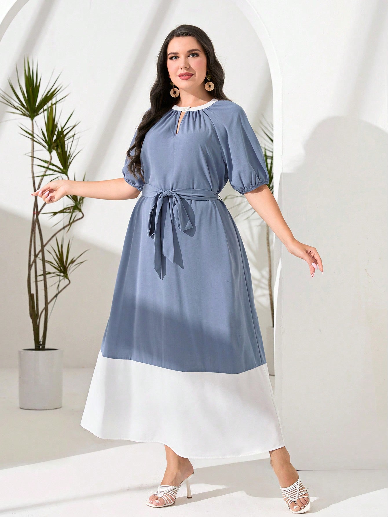 Plus Two Tone Keyhole Neckline Belted Dress