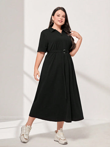 Plus Letter Patched Belted Dress