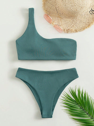 Rib One Shoulder Bikini Set,Summer Beach