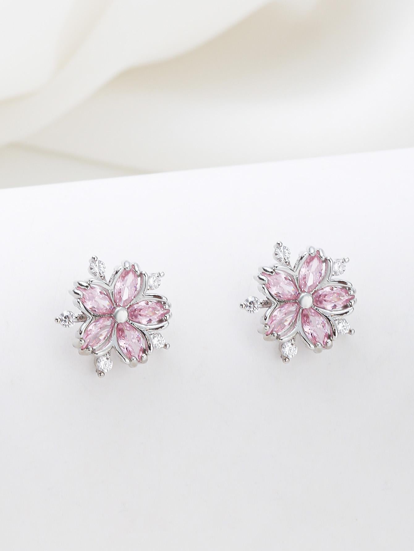 1pair Milan Style Pink Sakura Flower Design Copper & Cubic Zirconia Women's Party Stud Earrings