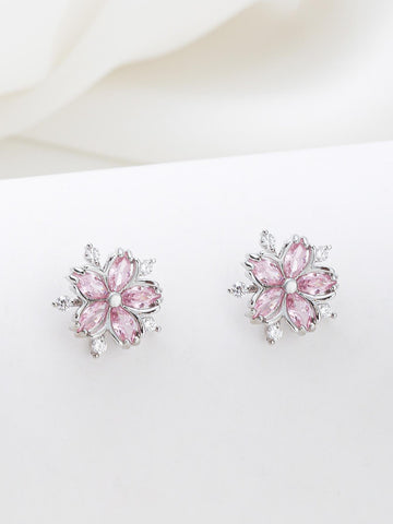 1pair Milan Style Pink Sakura Flower Design Copper & Cubic Zirconia Women's Party Stud Earrings