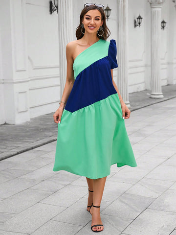 Colorblock One Shoulder Ruffle Hem Smock Dress