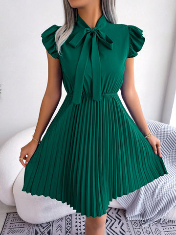 Tie Neck Ruffle Trim Pleated Hem Dress