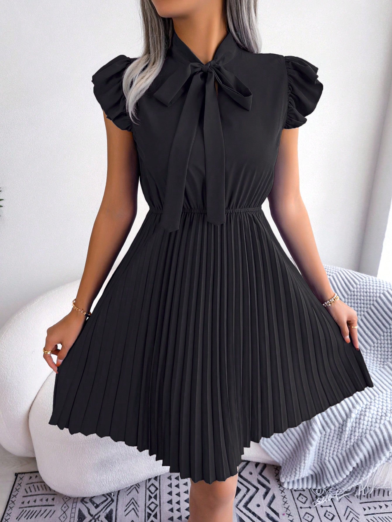 Tie Neck Ruffle Trim Pleated Hem Dress