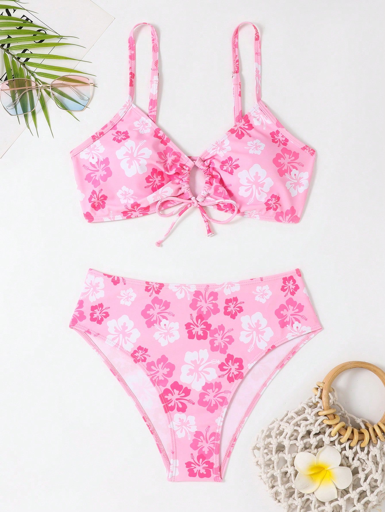 Summer Beach Floral Print Drawstring Bikini Set