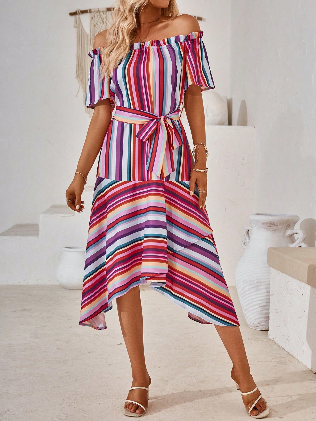 Striped Off Shoulder Ruffle Hem Belted Dress