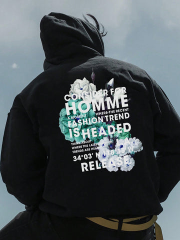 Men Plus Slogan & Floral Graphic Drawstring Hoodie