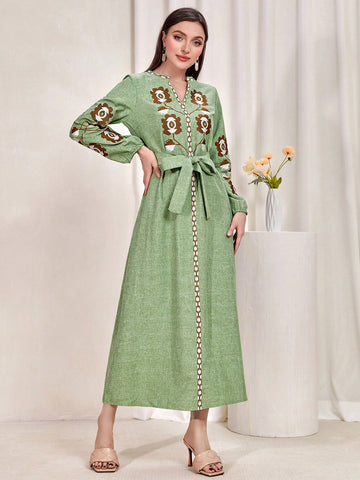 Graphic Embroidery Notched Neckline Belted Dress