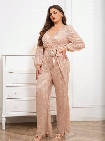 D&M Plus Surplice Neck Belted Sequin Jumpsuit