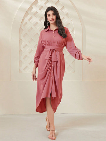 Roll Tab Sleeve Belted Shirt Dress