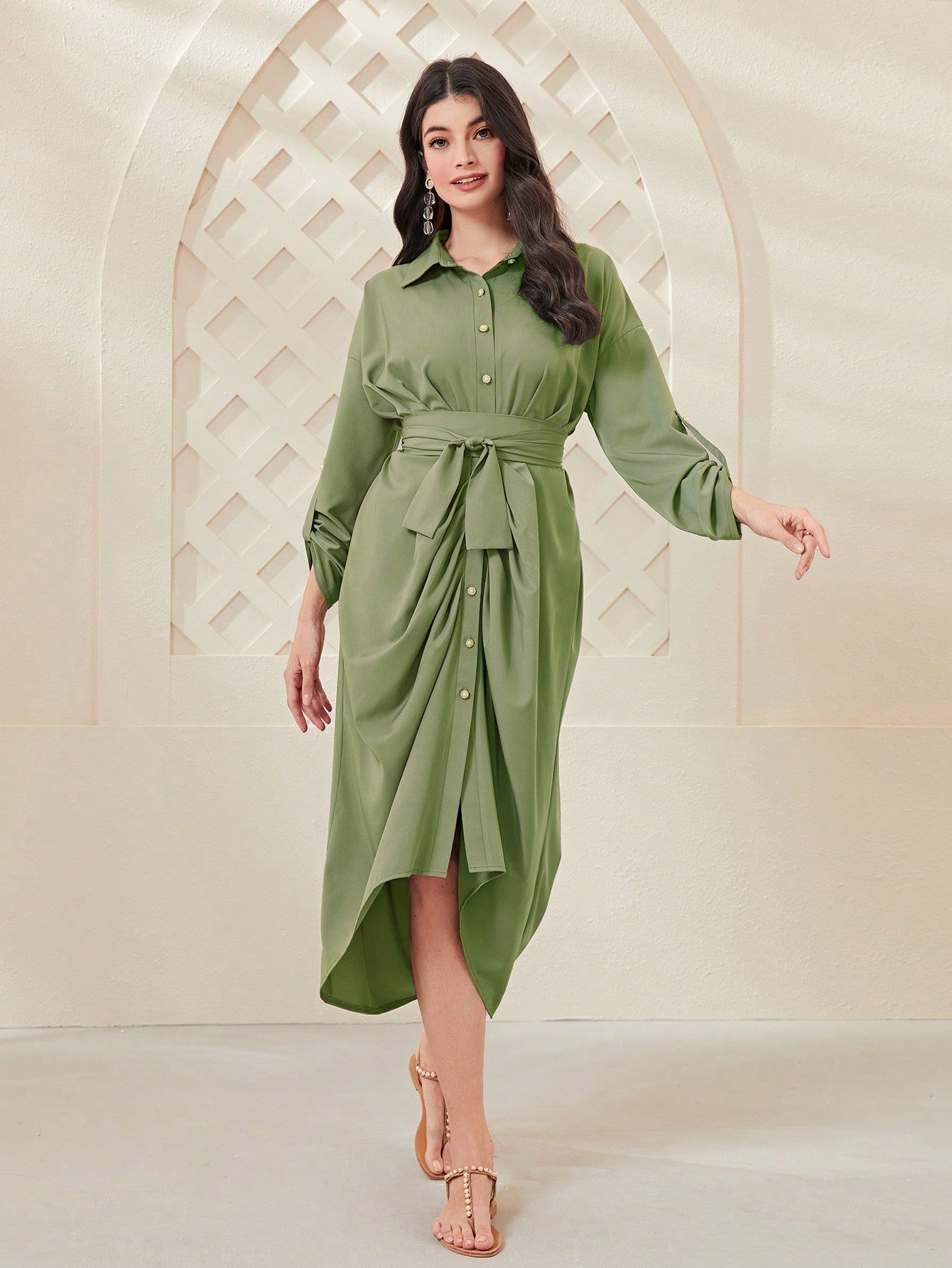 Roll Up Sleeve Belted Shirt Dress