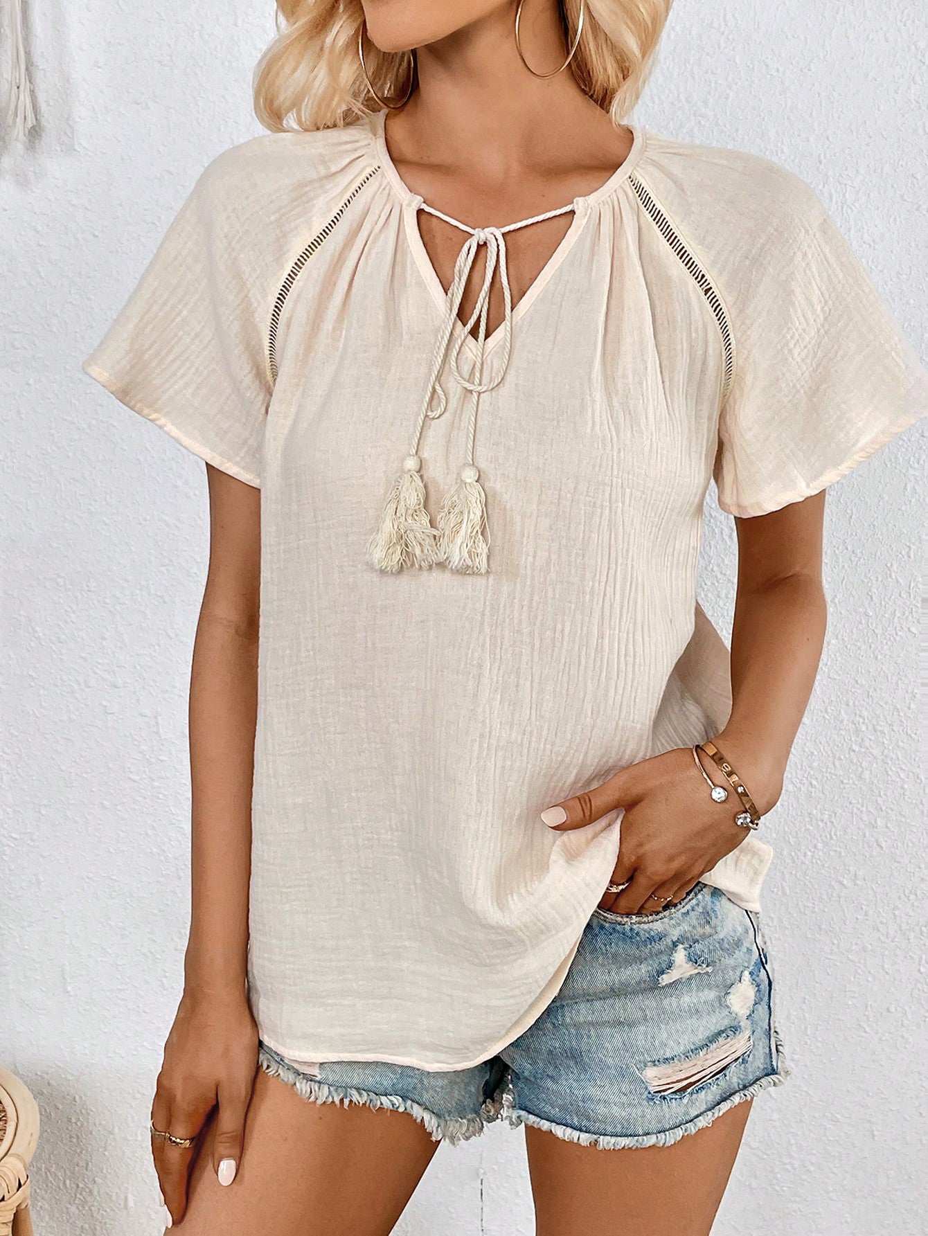 Tassel Tie Neck Raglan Sleeve Blouse