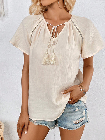 Tassel Tie Neck Raglan Sleeve Blouse