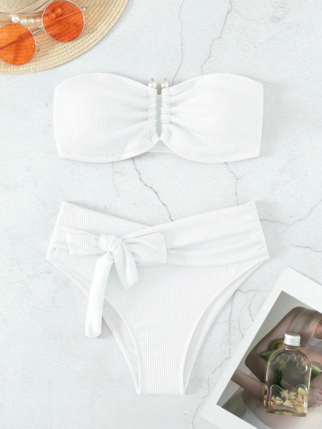 Summer Beach Rib Knot Front Bandeau Bikini Set