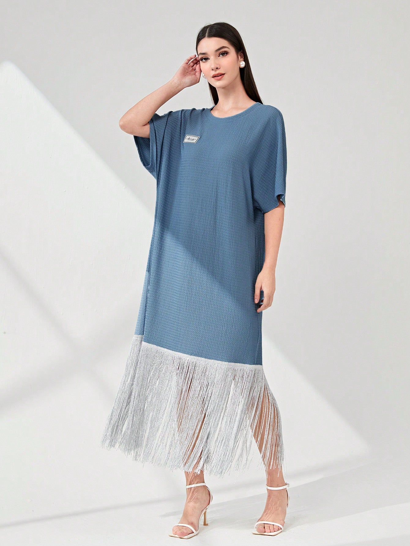 Letter Patched Fringe Hem Batwing Sleeve Dress