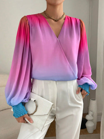 Ombre Print Lantern Sleeve Surplice Neck Blouse