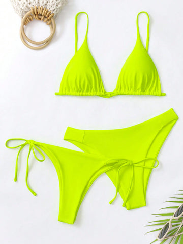 Summer Beach 3pcs Neon Lime Triangle Tie Side Bikini Set Bathing Suit