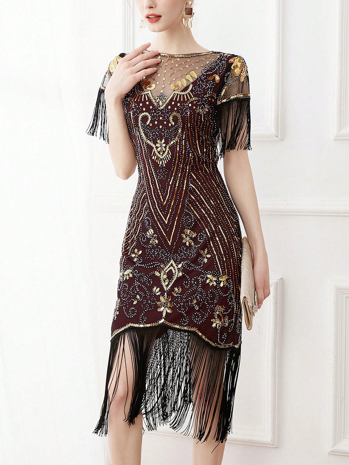 Fringe Hem Sequin Decor Fringe Hem Dress