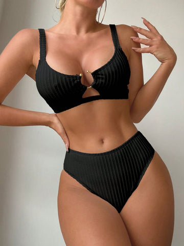 Summer Beach Ring Linked Cut Out Bikini Set