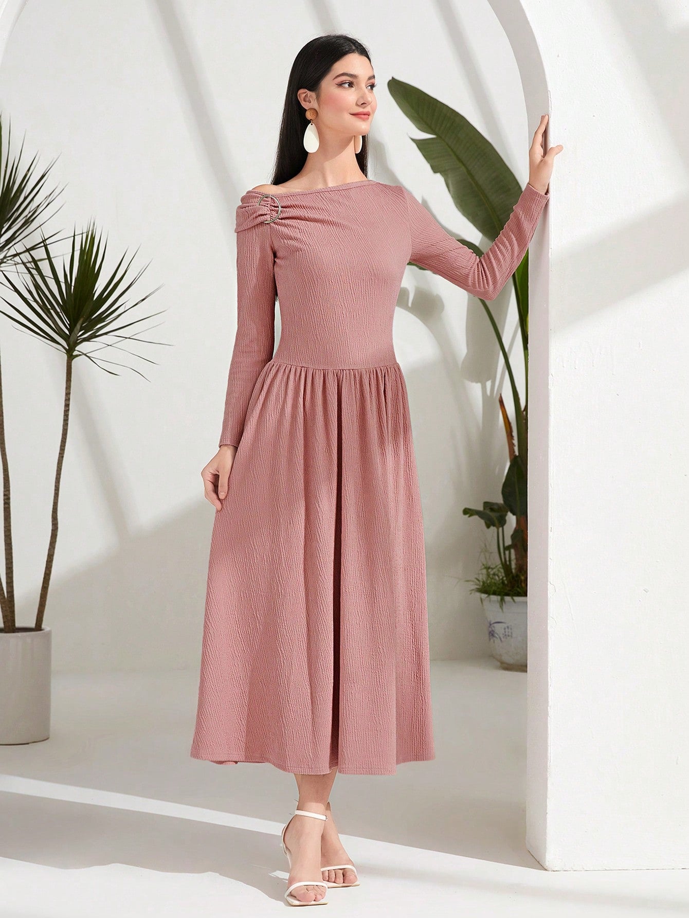 Solid Ruched Asymmetrical Neck Ruched A-line Dress