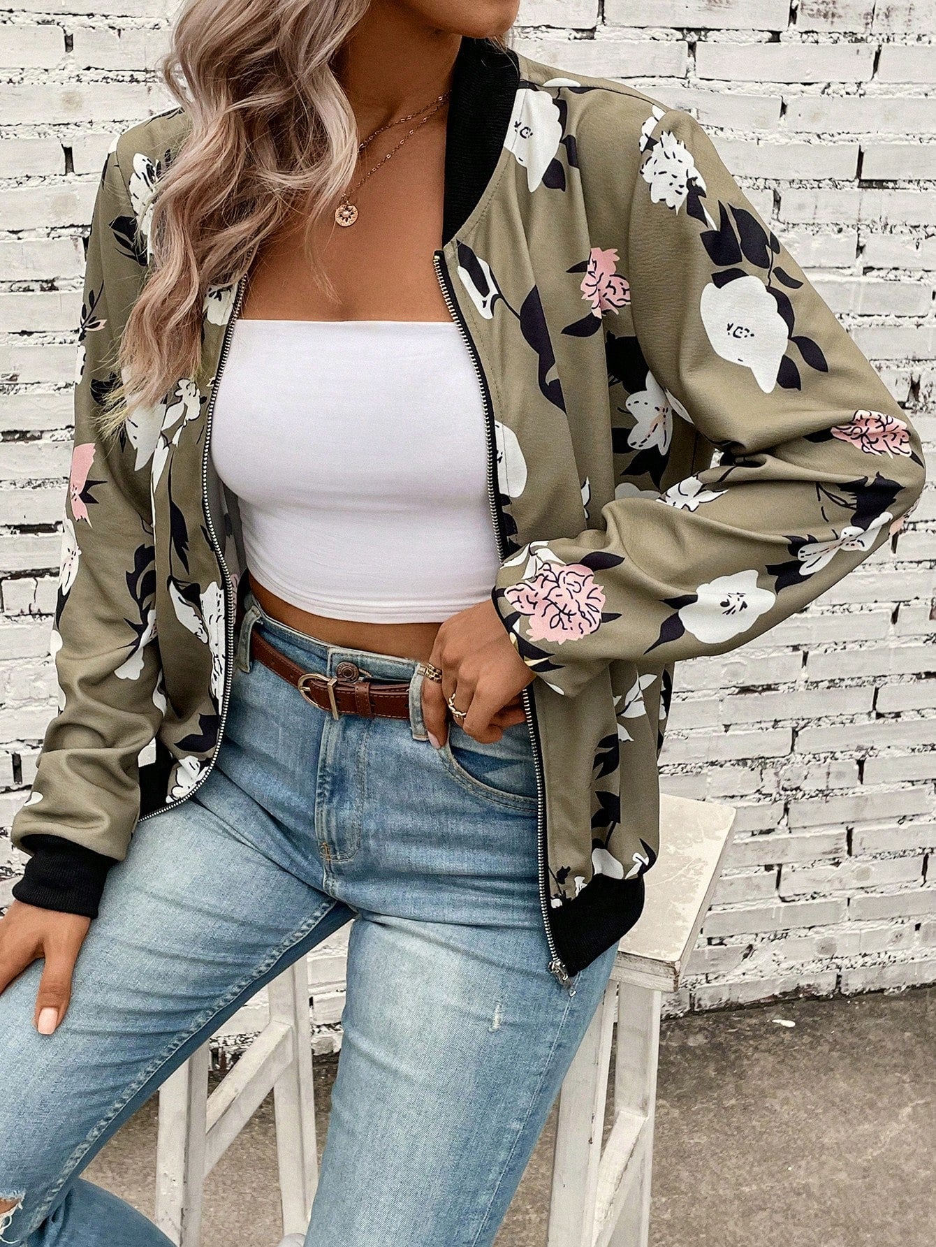 Floral Print Zip Up Bomber Jacket