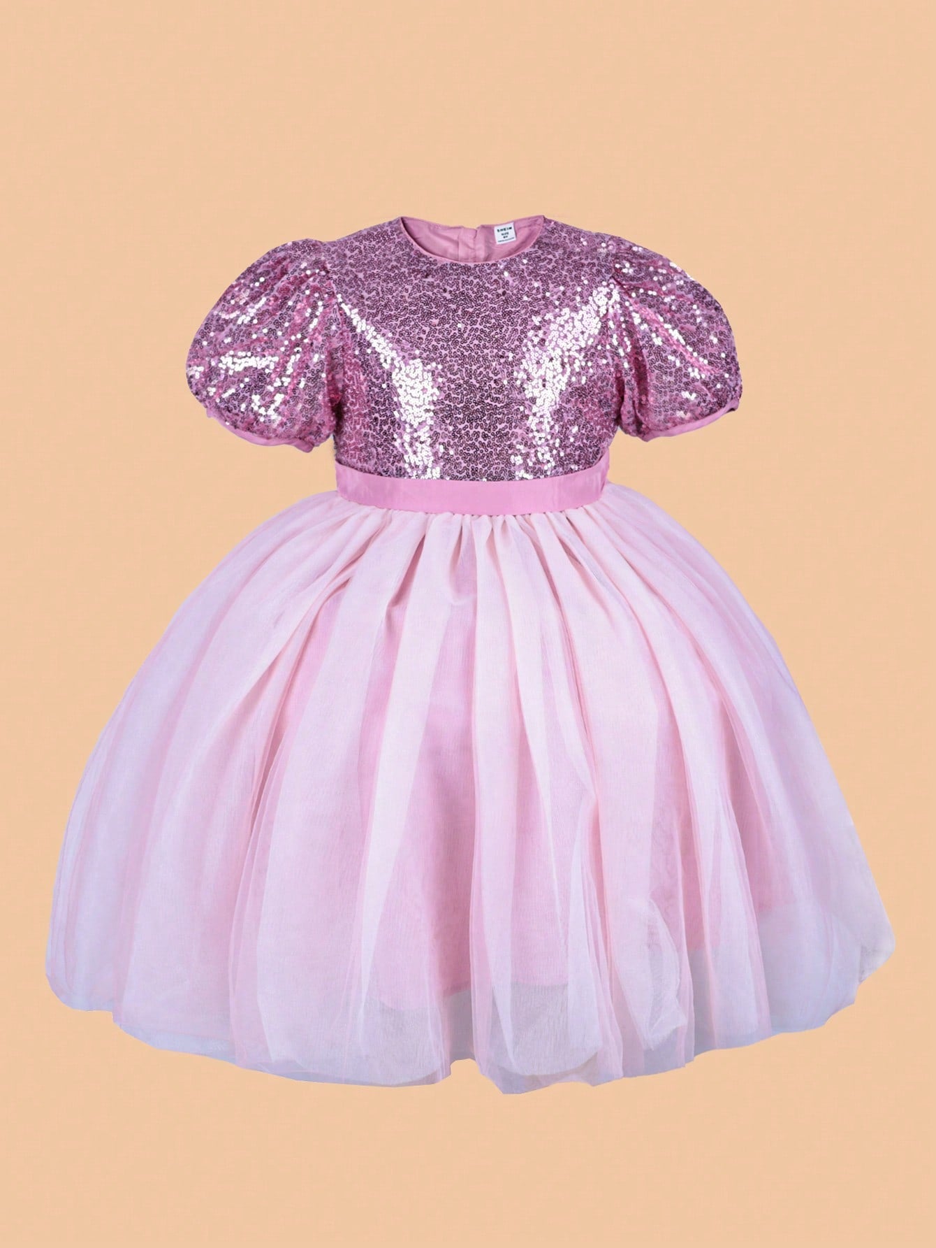 Tween Girl Sequin Insert Puff Sleeve Mesh Overlay Gown Dress