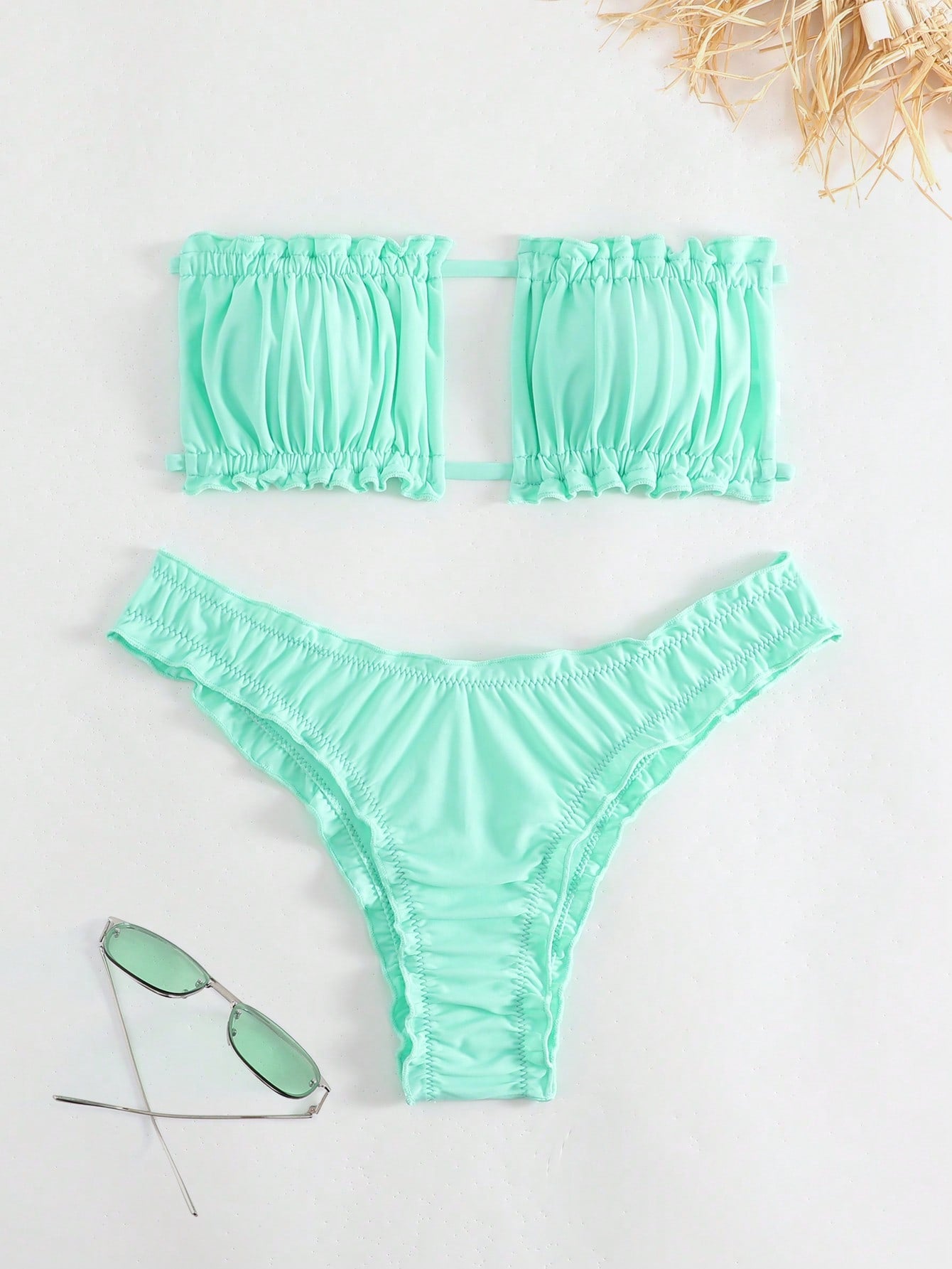 Summer Beach Frill Trim Bandeau Bikini Set