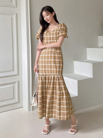 Plaid Print Puff Sleeve Ruffle Hem Dress