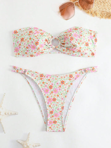 Ditsy Floral Print Ring Linked Bandeau Bikini Set For Summer Beach